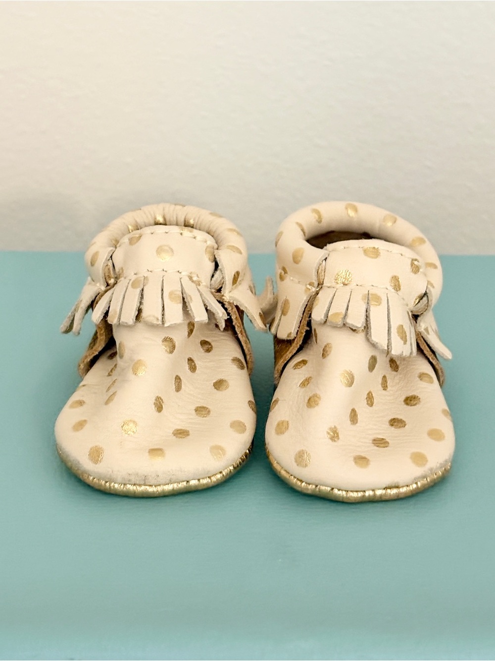 Freshly Picked Infant Cream Leather Moccasin Shoes with Gold Dots